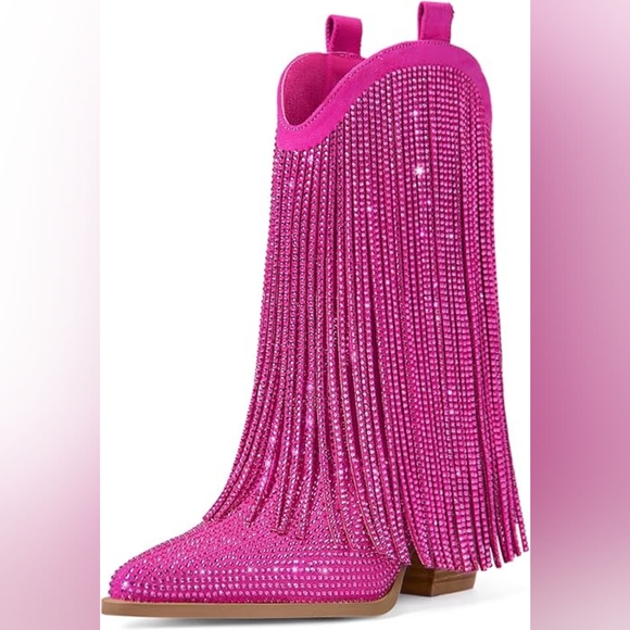 Hot Pink Rhinestone Fringe Boho Western Boots - Picture 1 of 6